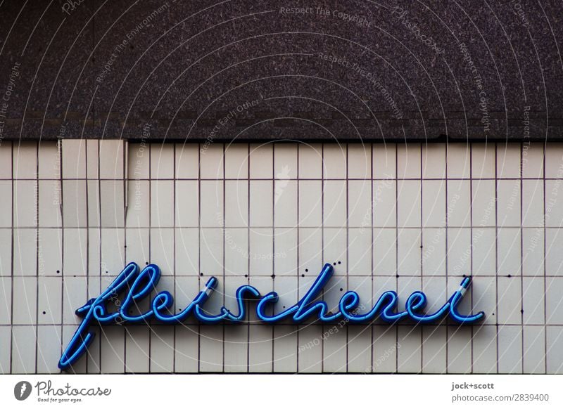 fleischfrei Handel Metzgerei Wand Fassade Dekoration & Verzierung Schriftzeichen ästhetisch retro blau Design Nostalgie Stil Tradition geschwungen Typographie