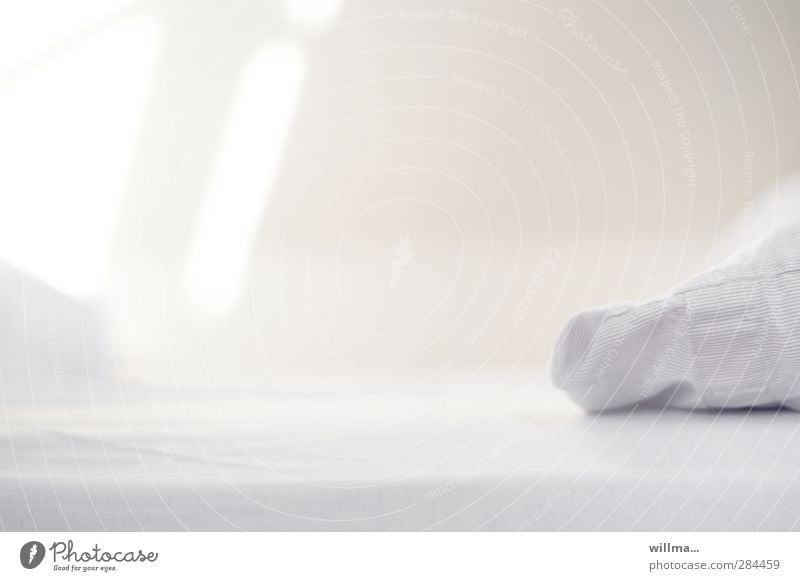 leeres Bett im Morgenlicht ruhig Häusliches Leben Schlafzimmer Bettlaken Kopfkissen hell Sauberkeit weiß Reinheit Erholung Menschenleer Gastfreundschaft