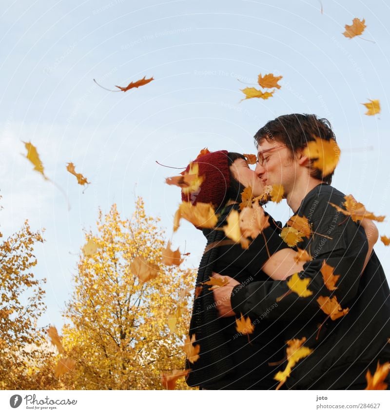 Laubkuss Paar Partner Natur Herbst Schönes Wetter Blatt Küssen Lächeln Umarmen frei Glück natürlich Wärme Freude Fröhlichkeit Zufriedenheit Lebensfreude