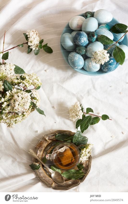 Natürlich gefärbte osterblaue Eier und Teetasse, Frühstück schön Dekoration & Verzierung Feste & Feiern Ostern Blume grün weiß Tradition Hintergrund