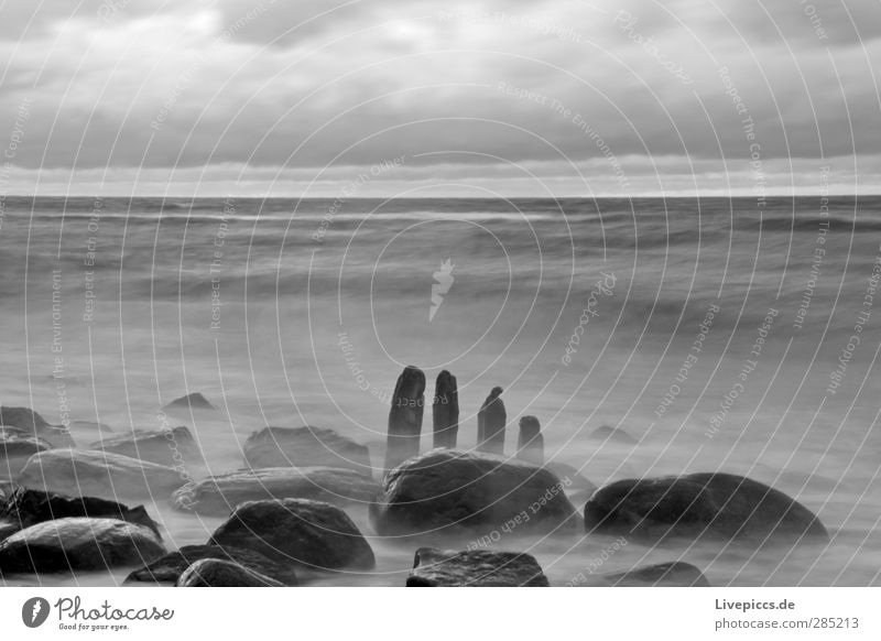 1,2,3,4 Umwelt Natur Landschaft Wasser Himmel Wolken Wind Wellen Küste Strand Ostsee Stein Holz toben grau schwarz Schwarzweißfoto Außenaufnahme Abend Dämmerung
