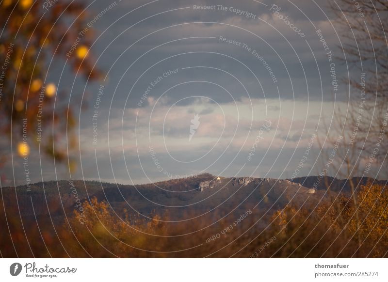 Walberla Natur Landschaft Himmel Wolken Horizont Herbst Schönes Wetter Baum Sträucher Hügel Felsen Berge u. Gebirge Gipfel Kirche Sehenswürdigkeit braun gold