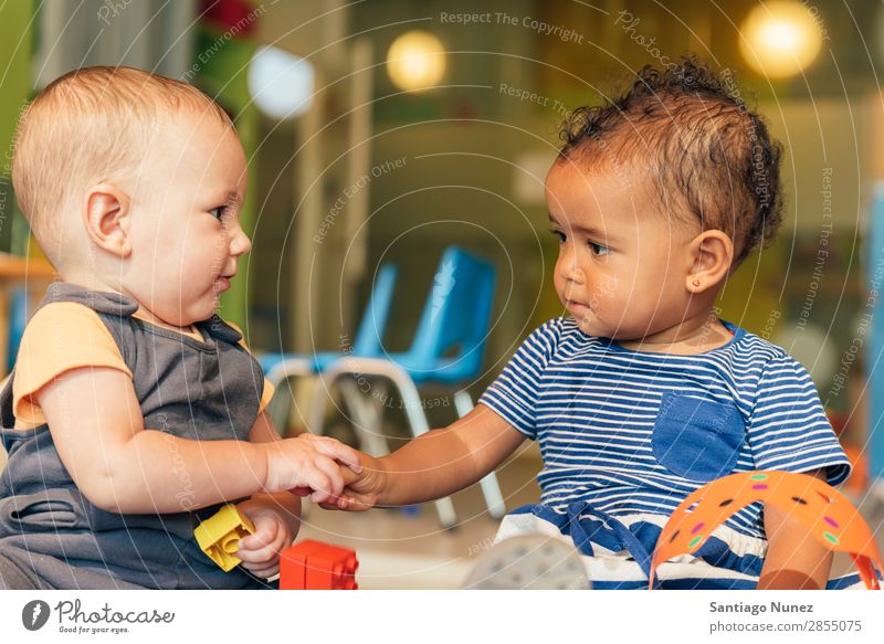 Babys spielen zusammen. Spielen Kind Kindergarten Tun 2 Freude Junge Kinderbetreuung Glück Mulatte multiethnisch Kaukasier heimwärts Kindheit Lifestyle Mensch