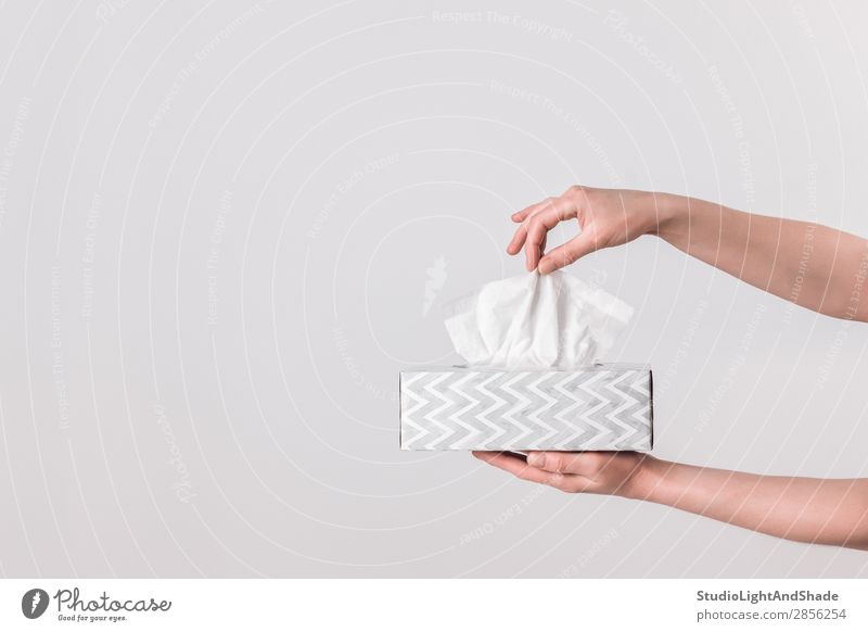Zarte weibliche Hände, die eine Gewebebox halten. elegant Stil Design Gesundheitswesen Krankheit Allergie feminin Frau Erwachsene Hand Papier einfach modern