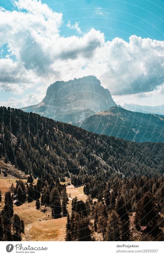Wolken und Schatten in den Dolomiten mit Wald im Hochformat Zentralperspektive Starke Tiefenschärfe Sonnenstrahlen Sonnenlicht Lichterscheinung Silhouette