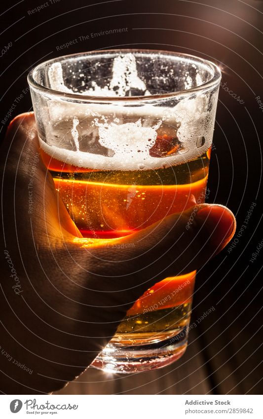 Männerhand hält ein Glas Berr mit Licht im Hintergrund. Alkohol Bier Bar Getränk Flasche Brauerei Coolness Handwerk trinken trockene, kräftige Schaum