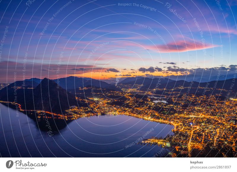 Sonnenuntergang über Lugano Ferien & Urlaub & Reisen Tourismus Ferne Freiheit Sommer Sommerurlaub Berge u. Gebirge Himmel Wolken Sonnenaufgang Alpen Monte Brè