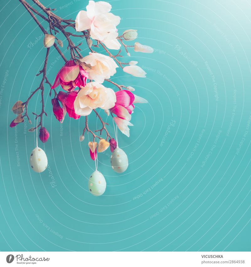 Hängende Ostereier auf Magnolien Stil Design Ostern Natur Pflanze Frühling Blüte Dekoration & Verzierung gelb rosa Tradition Magnoliengewächse Hintergrundbild