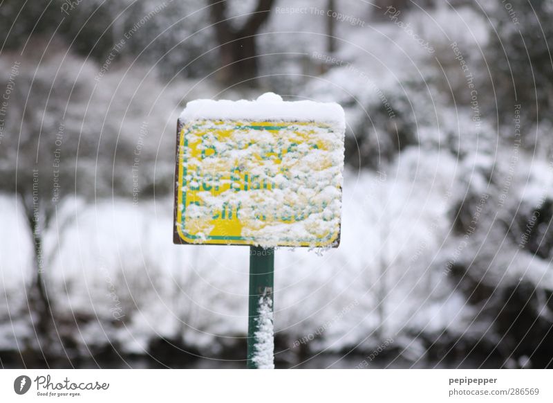 irgendetwas verbotenes... Winter Schnee Wintersport Kindererziehung Schulkind Eis Frost Schneefall Baum Park Seeufer Teich Spielplatz Schriftzeichen