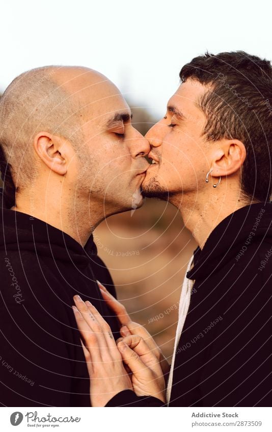 Männer umarmen und küssen sich im Wald. Homosexualität Paar Park Küssen Liebe Händchenhalten Wege & Pfade Schönes Wetter geschlossene Augen Sonne Natur Mann