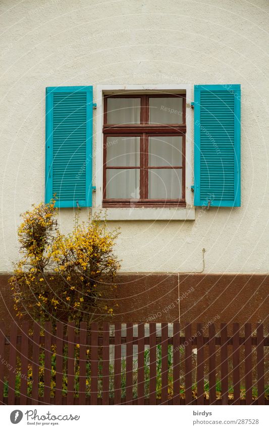 ländlich Häusliches Leben Gartenzaun Vorgarten Dorf Kleinstadt Einfamilienhaus Fassade Fenster Fensterladen Sprossenfenster authentisch Freundlichkeit schön