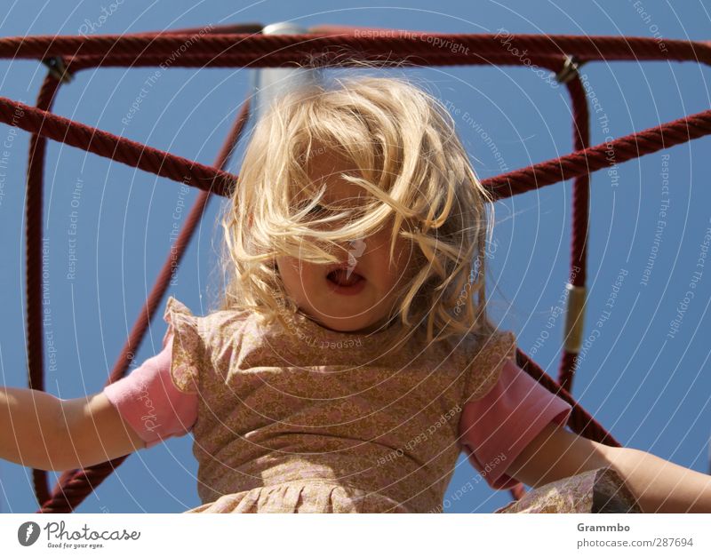 Klettern feminin Kind Mädchen Haare & Frisuren 1 Mensch 3-8 Jahre Kindheit blau Spielplatz Farbfoto Außenaufnahme Blick nach oben