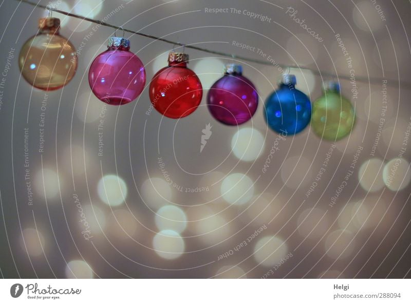 bunte Christbaumkugeln aus Glas hängen an einer Schnur, mit Lichtpunkten im Hintergrund Feste & Feiern Weihnachten & Advent Dekoration & Verzierung Ornament