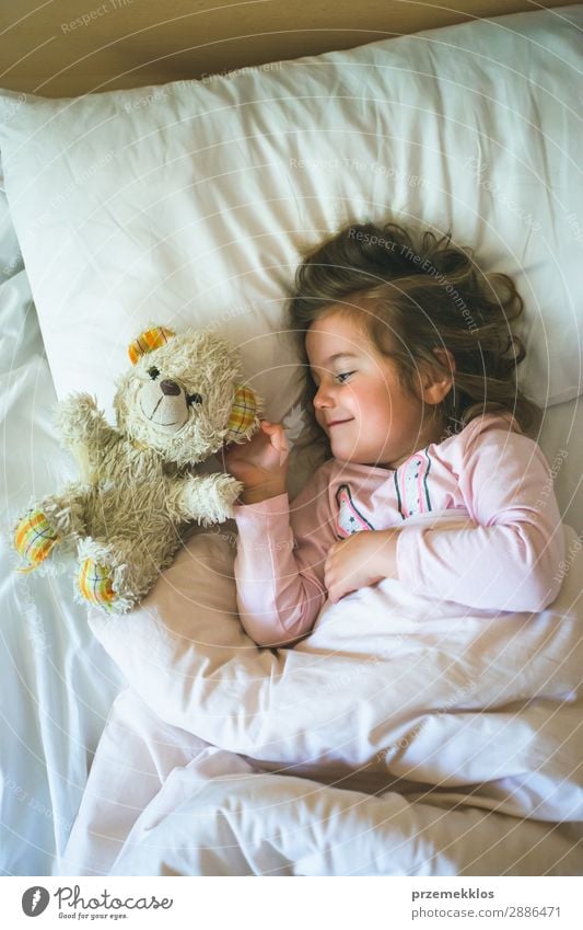 Kleines Mädchen, das morgens in einem Bett mit Teddybär liegt. Glück schön Spielen Kind Mensch Frau Erwachsene Spielzeug schlafen Fröhlichkeit klein niedlich