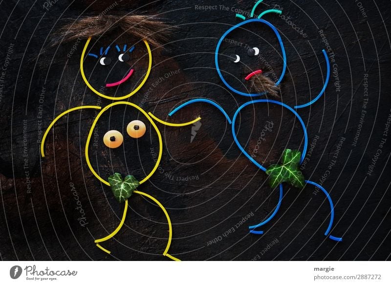 Gummiwürmer: Adam und Eva Mensch maskulin feminin Frau Erwachsene Mann 2 blau mehrfarbig gelb schwarz Identität Sex Sexualität Erotik Frauenbrust Brust Blatt