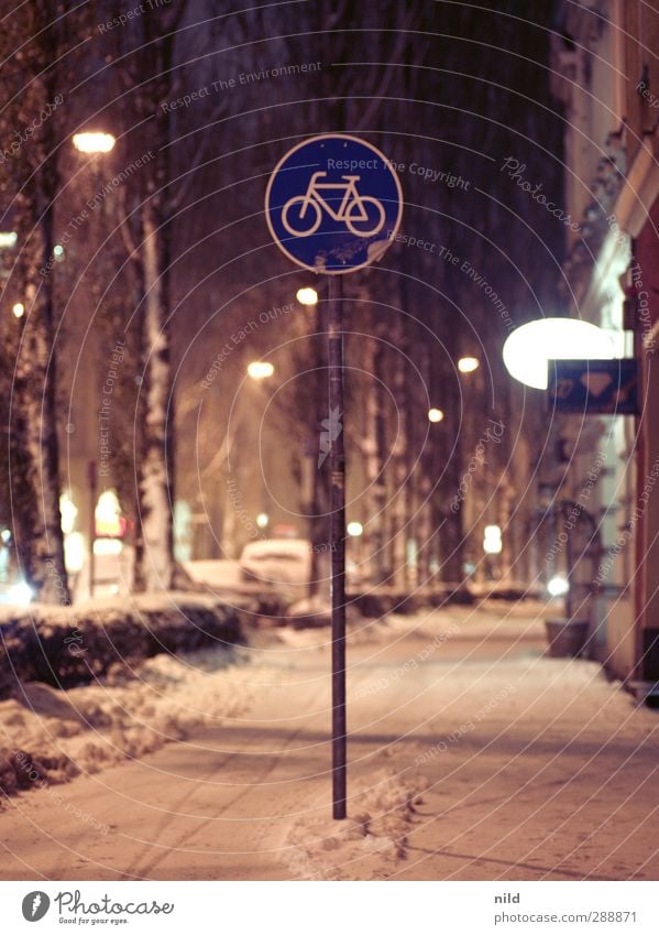 Radweg Fahrradfahren Winter Schnee Schneefall München Stadt Fassade Verkehrswege Straße Verkehrszeichen Verkehrsschild Fahrradweg Allee kalt Glätte Glatteis