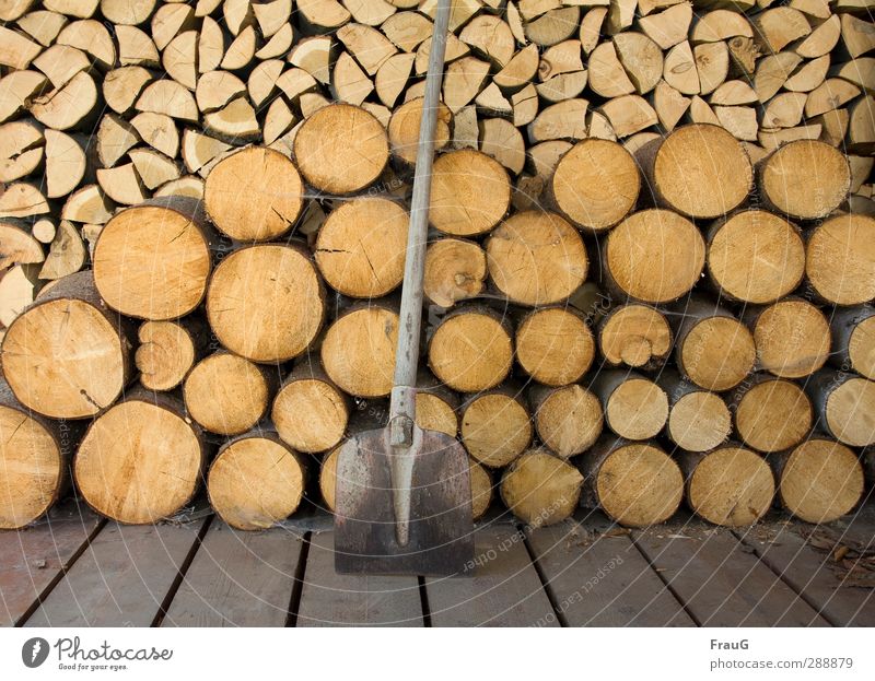 ferddich... Schaufel Holz Arbeit & Erwerbstätigkeit braun Geborgenheit Warmherzigkeit Ordnungsliebe anstrengen Natur Brennholz hacken gesägt Stapel Farbfoto