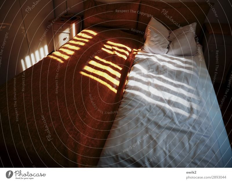 Barcode Häusliches Leben Innenarchitektur Bett Schlafzimmer Kissen Fenster Sichtschutz Lamellenjalousie leuchten dunkel einfach Schutz Geborgenheit