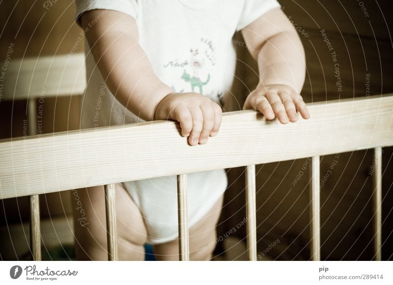 krippenspiel Mensch Baby Haut Hand Finger Bauch Beine 1 0-12 Monate Unterwäsche body Windeln Bett Babybett Holz Spielen stehen braun Neugier Kindheit gefangen
