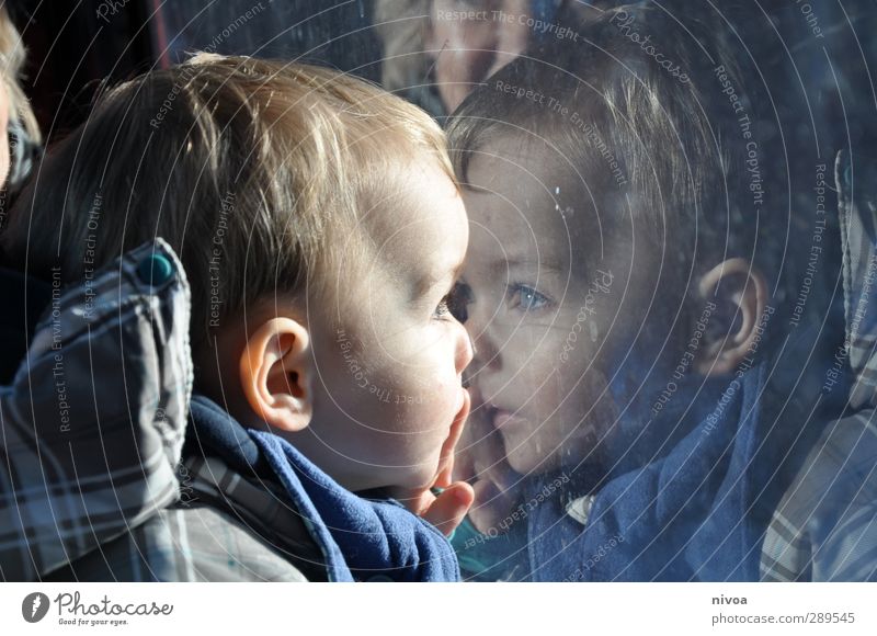 Kleinkind spiegelt sich im Fenster Mensch maskulin Kind Junge Kopf Haare & Frisuren Auge Ohr Nase 1 1-3 Jahre Umwelt Landschaft Sonne Sonnenlicht Winter