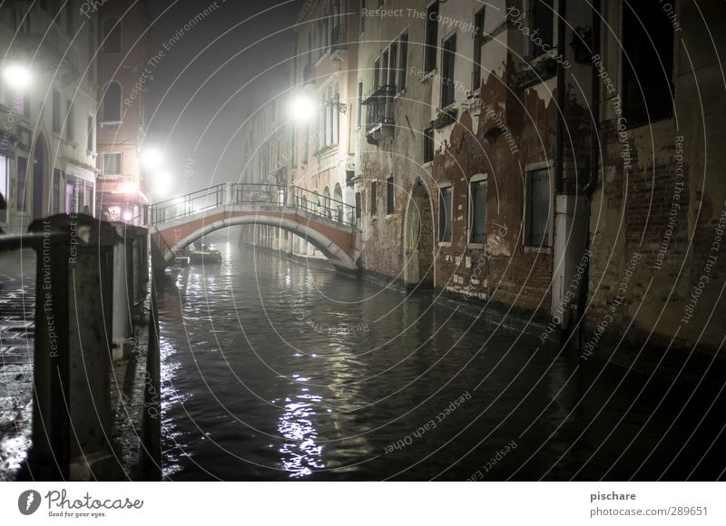 Ohne Menschen Stadt Stadtzentrum Altstadt Menschenleer Haus Brücke dunkel Venedig Italien Wasser Kanal Farbfoto Außenaufnahme Nacht Kunstlicht Lichterscheinung