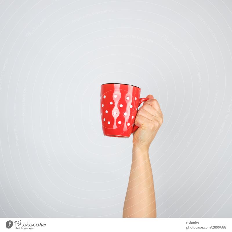 roter Keramikbecher in weiblicher Hand auf weißem Hintergrund Frühstück Getränk Kaffee Espresso Tee Tasse Becher Frau Erwachsene festhalten braun Idee groß