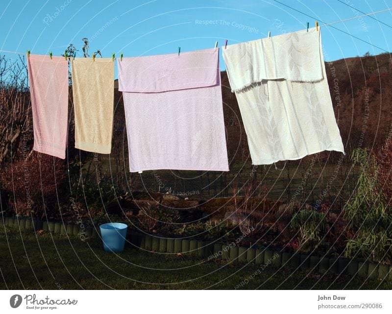 gefrier-trocknen Sträucher Garten Idylle aufhängen Wäscheleine Handtuch Badetuch ländlich Wäscheklammern Haushalt Blumenbeet Frottée festhalten Wäsche waschen