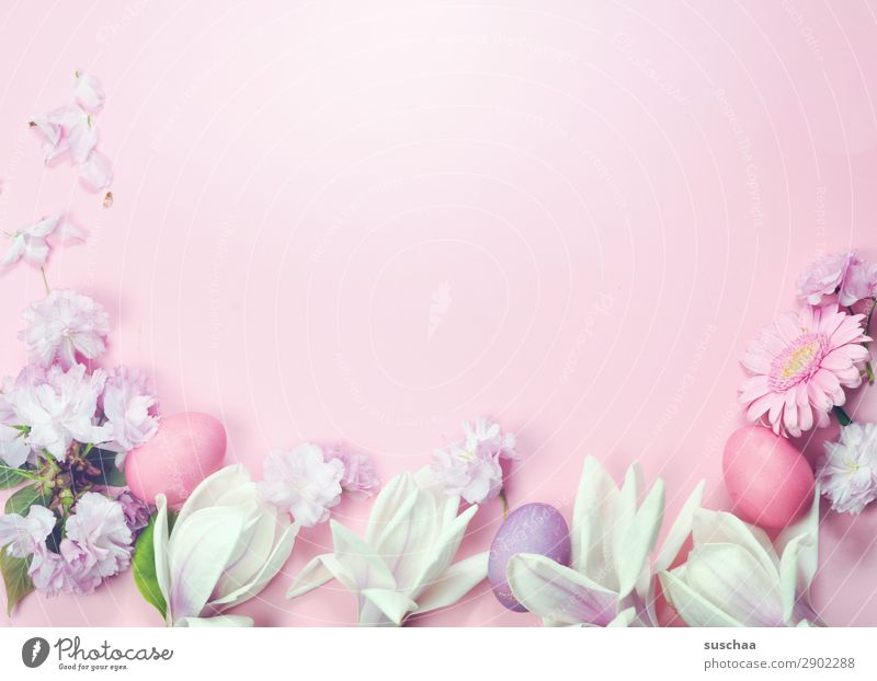 nett arrangierte ostereier auf rosa mit blüten und blumen Ostern Feste & Feiern Tradition Ritual Christentum Feiertag Dekoration & Verzierung Osterdekoration