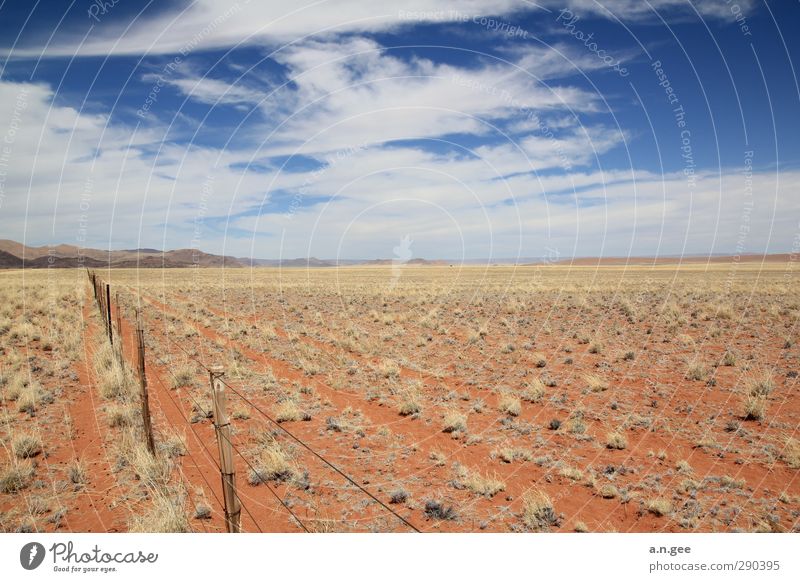 Namib Wüstenrand Landschaft Erde Sand Himmel Wolken Horizont Sommer rot blau Ferne Natur Afrika Namibia Zaun menschenleer Gras Ewigkeit Tirasberge