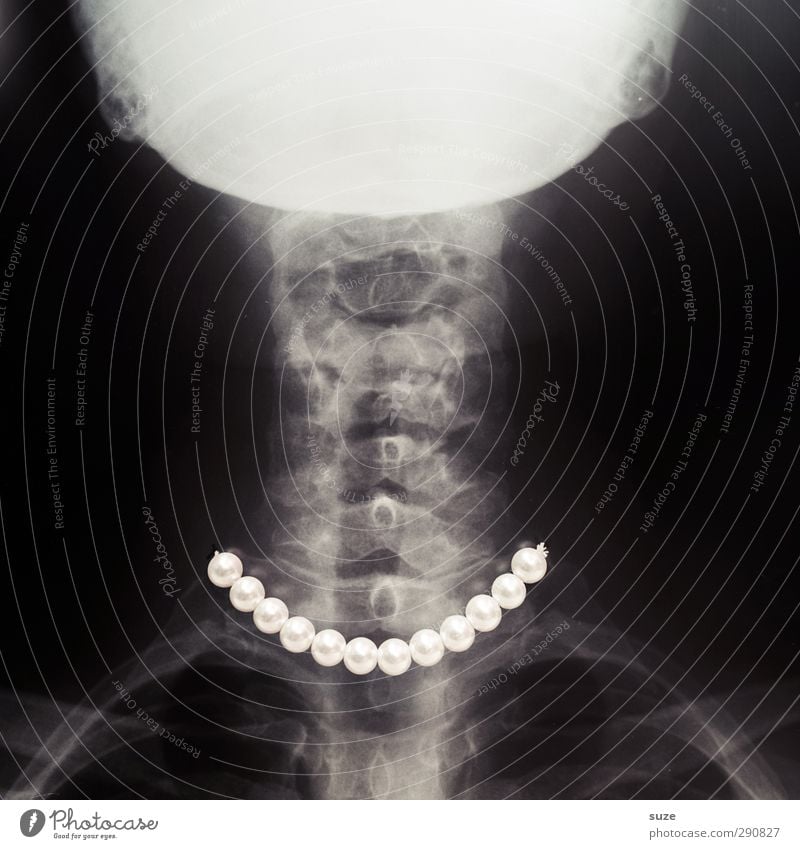 Lady in black elegant Stil Arzt außergewöhnlich lustig verrückt schwarz weiß Röntgenbild Halskette Perlenkette edel Skelett Wirbelsäule Anatomie durchleuchtet
