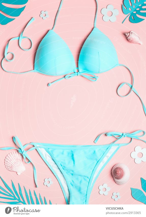 Türkis blauer Bikini mit Muscheln und tropischen Blättern Stil Design Ferien & Urlaub & Reisen Sommer Sommerurlaub Sonnenbad Party trendy rosa Mode schön