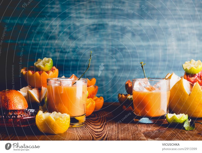 Verschiedene Zitrusfrüchte und Saft Lebensmittel Frucht Orange Ernährung Getränk Stil Design Gesundheit Gesunde Ernährung gelb citrus mix Hintergrundbild