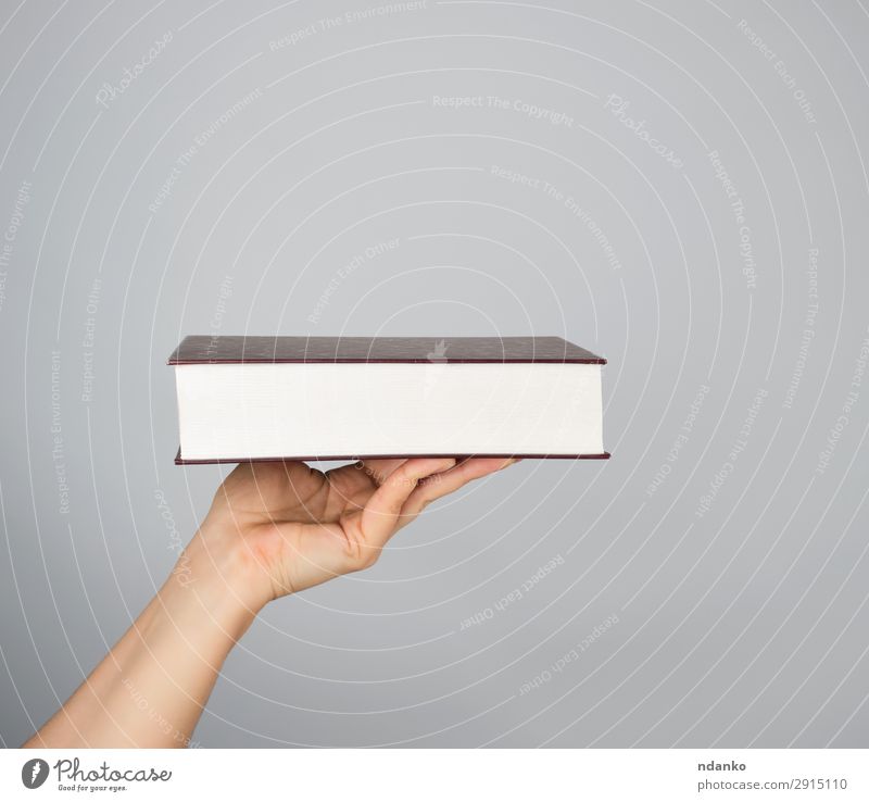 Hand hält ein geschlossenes Buch im Hardcover. lesen Mensch Frau Erwachsene Mann Arme Papier braun grau weiß Hintergrund blanko zugeklappt Entwurf Deckung