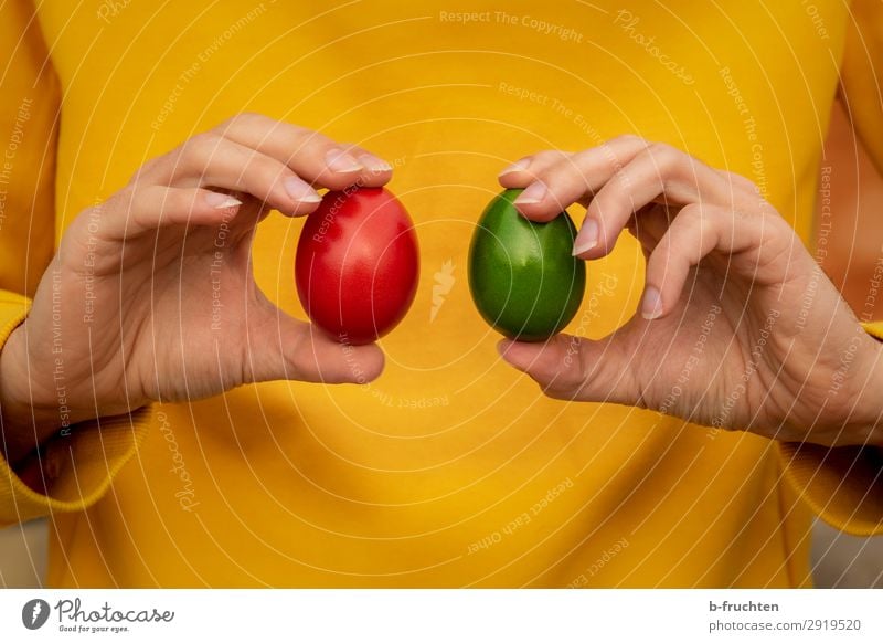 Zwei Ostereier in den Händen Lebensmittel Ernährung Bioprodukte Gesunde Ernährung Küche Mann Erwachsene Hand Finger wählen gebrauchen berühren festhalten gelb