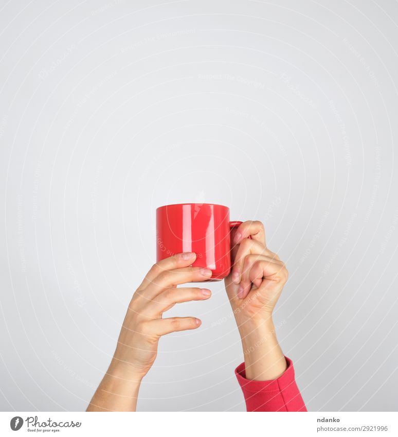 weibliche Hände halten einen roten Keramikbecher. Frühstück Getränk Kaffee Espresso Tee Design Küche Frau Erwachsene Hand festhalten weiß zeigen Hintergrund
