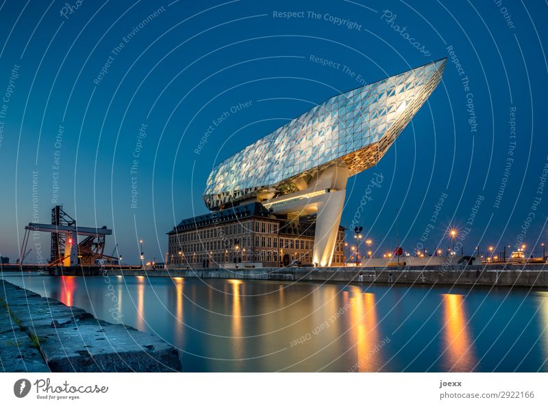 Futuristisches Gebäude am Wasser mit Glasfassade abendlich beleuchtet Moderne Architektur Zaha Hadid The Port House futuristisch Fassade Hafenstadt Antwerpen