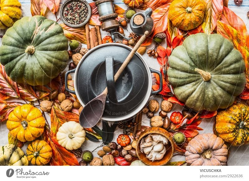 Schmackhafte Herbst Zutaten Lebensmittel Gemüse Ernährung Festessen Bioprodukte Vegetarische Ernährung Diät Slowfood Geschirr Topf Löffel Stil Design