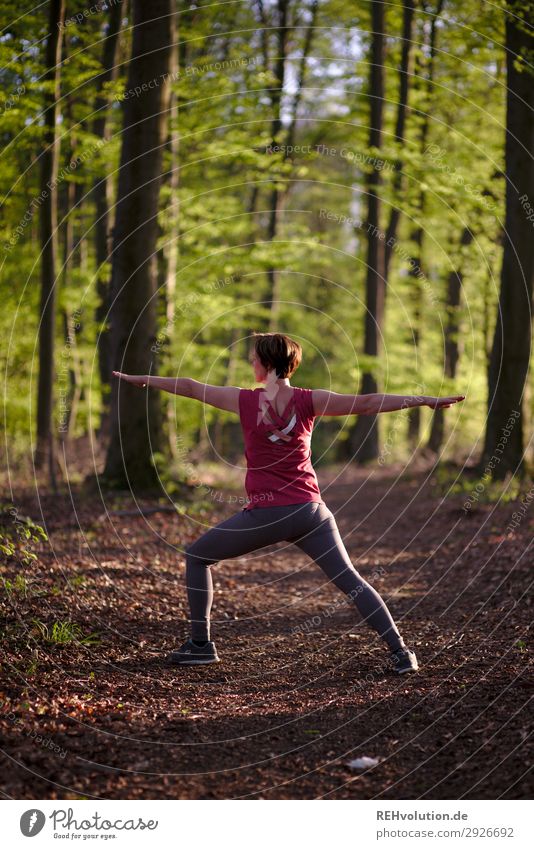 Frau macht Yoga im Wald Zentralperspektive Schwache Tiefenschärfe Unschärfe Sonnenlicht Silhouette Abend Tag Außenaufnahme Farbfoto Lebensfreude natürlich