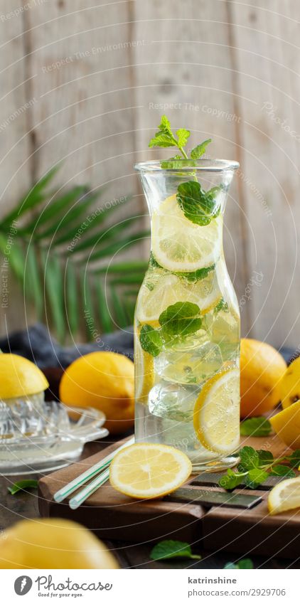 Hausgemachtes Erfrischungsgetränk mit Zitronensaft und Minze Frucht Getränk Limonade Saft Sommer Blatt Coolness dunkel natürlich gelb grün weiß Zitrusfrüchte