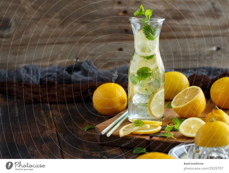 Hausgemachtes Erfrischungsgetränk mit Zitronensaft und Minze Frucht Getränk Limonade Saft Sommer Blatt Coolness dunkel natürlich gelb grün weiß Zitrusfrüchte