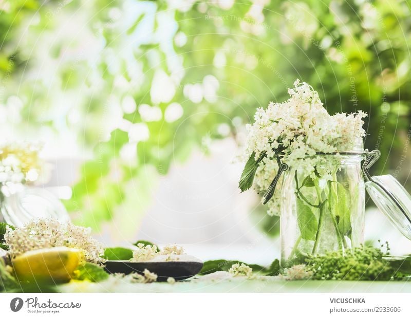 Holunderblüten im Glas auf Küchentisch mit Zitrone und Zucker. Lebensmittel Ernährung Bioprodukte Getränk Saft Geschirr Stil Design Gesundheit Gesunde Ernährung
