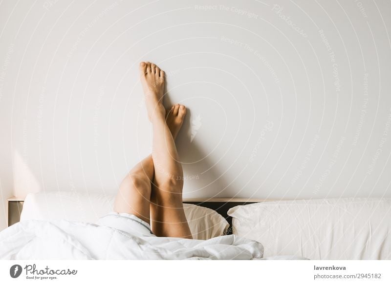 Frauenbeine im Bett an der weißen Wand Bettwäsche Decke Bettdecke Körper gemütlich gesichtslos Junge Frau Mädchen heimwärts Verlegung Beine Morgen Kopfkissen