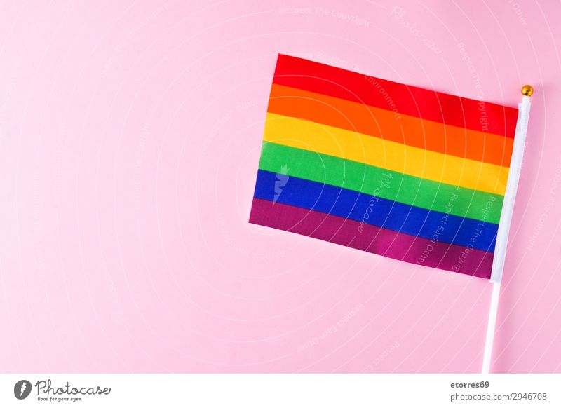 LGTB oder Regenbogenflagge. Schwulenstolzflagge. Auf rosa Hintergrund. Fahne Homosexualität lgtb Stolz Farbe rot gelb Symbole & Metaphern Transgender Vertreter