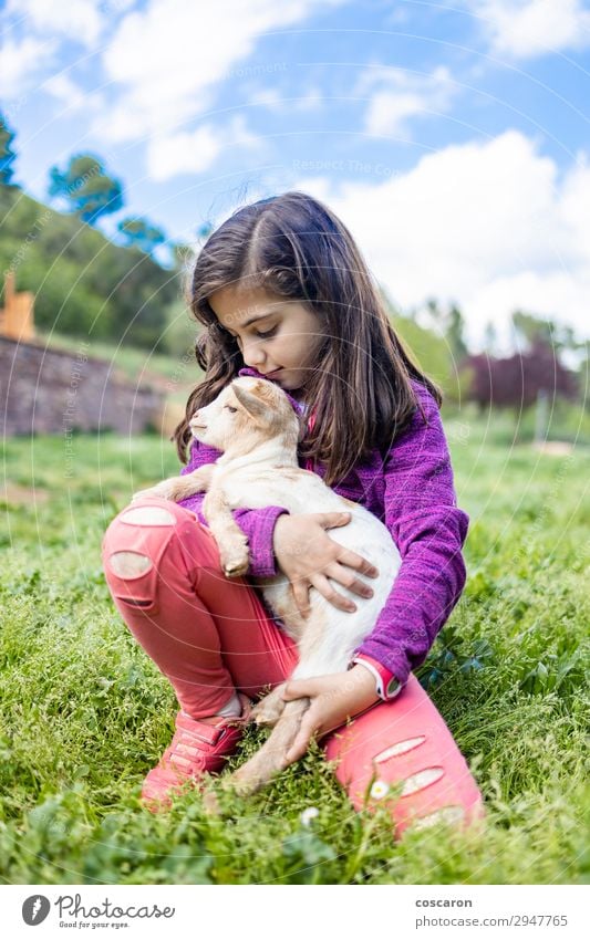 Kleines Mädchen umarmt eine Ziege auf einem Feld. Lifestyle Glück schön Freizeit & Hobby Spielen Ferien & Urlaub & Reisen Tourismus Sommer Garten Kind Mensch