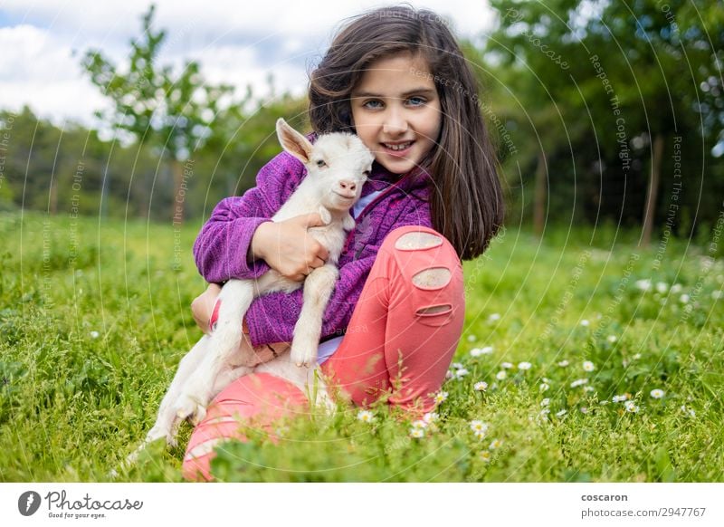 Kleines Mädchen umarmt eine Ziege auf einem Feld. Lifestyle Glück schön Freizeit & Hobby Spielen Ferien & Urlaub & Reisen Sommer Sommerurlaub Garten Kind Mensch