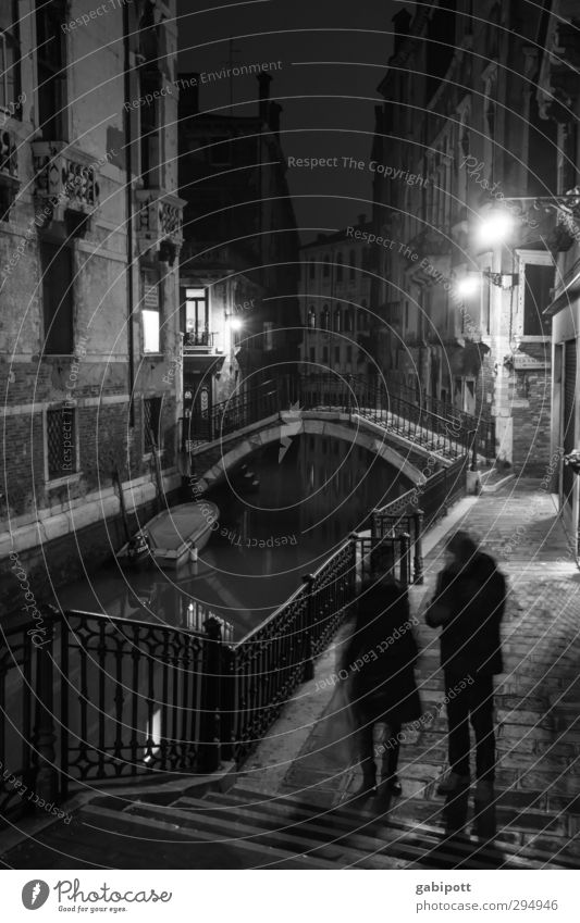 Nachts sind alle Brücken grau Venedig Altstadt Haus Treppe Fassade Fußgänger Wege & Pfade Pflastersteine Fußweg Kanal Brückengeländer Bewegung alt trist Stadt