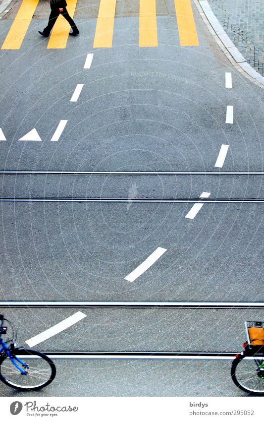 Straßenkreuzung mit Begrenzungslinien, Zebrastreifen, Fußgänger und Fahrradfahrern Stadt Verkehrsführung Fahrradfahren Wegkreuzung Straßenbahn Gleise Zeichen