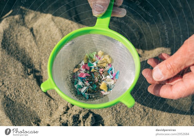 Sieb mit Mikroplastik am Strand Mensch Mann Erwachsene Großvater Hand Umwelt Sand Kunststoff alt gefährlich Teamwork Umweltverschmutzung mikroplastisch
