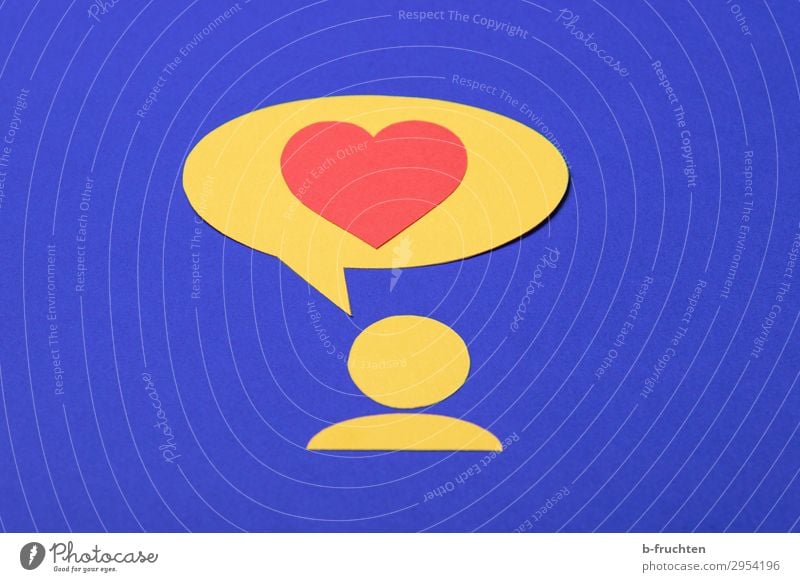 Ich liebe dich! Erfolg sprechen Team 1 Mensch Papier Zeichen Herz Liebe Fröhlichkeit blau gelb rot Piktogramm Sprechblase Kommunizieren Verliebtheit Treue
