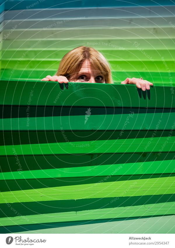 Junge Frau schaut vorsichtig über einen Holzzaun Kopf Zaun Grenze spionieren Blick beobachten Vorsicht grün Schüchternheit zögern hervorgucken drüberschauen